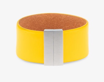 Yellow Leather Bracelet - Mens Leather Cuff Bracelet - Yellow Bracelet - Mens Leather Cuff Bracelet - Wide Womens Bracelet - Magnetic Clasp