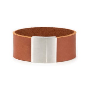 Cool Bracelet For Guys Cognac Veg Tan Leather - Cuff Handmade Wristband - For Him - Boyfriend - Stainless Steel Clasp Magnetic