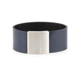 Navy Blue Bracelet Genuine Leather Handmade - Cuff Handmade Wristband - For Him - For Guys - Stainless Steel Clasp Magnetic