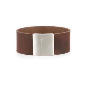 Mens Wrist Jewelry Dark Brown Leather Handmade - Cuff Handmade Wristband - For Him - For Guys - Stainless Steel Clasp Magnetic