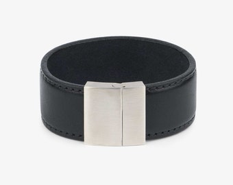 Bracelet en cuir pour homme - Bracelet en cuir noir - Bracelet manchette en cuir noir - Bracelet fermoir magnétique - Full Grain Leather Bracelet Man