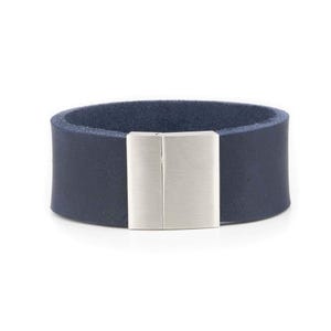 Navy Mens Leather Bracelet Soft Handmade - Cuff Handmade Wristband - Boyfriend - For Guys - Stainless Steel Clasp Magnetic
