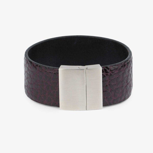 Violet Leather Mens Bracelet - Mens Leather Cuff Bracelet - Purple Bracelet - Wide Leather Bracelet for Men - Magnetic Clasp Bracelet