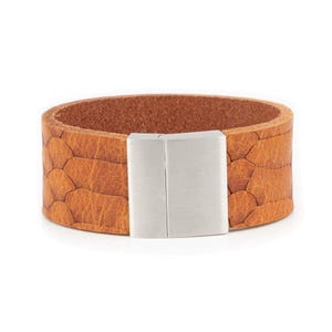 Guys Bracelets Leather Cognac Snake Emboss - Cuff Handmade Wristband - For Him - For Men - Stainless Steel Clasp Magnetic