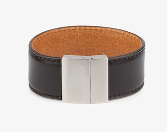Brown Leather Bracelet - Men's Leather Bracelet - Magnetic Clasp Bracelet - Leather Bracelet Man - Stainless Steel Clasp