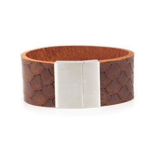 Brown Leather Bracelets For Guys Snake Emboss - Cuff Handmade Wristband - For Him - For Men - Stainless Steel Clasp Magnetic