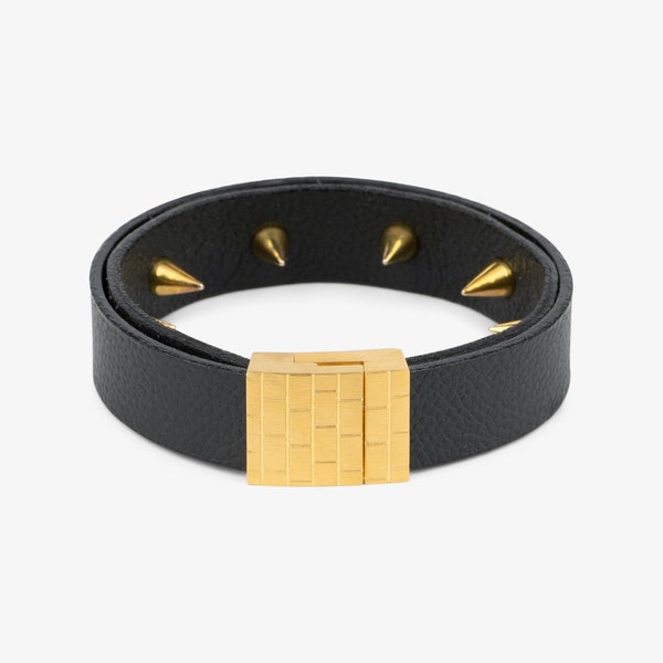Gold Spike Bracelet With Spikes Inside - Black Leather Spike Bracelet - Golden Spike Bracelet - Studded Leather Bracelet - Studded Bracelet