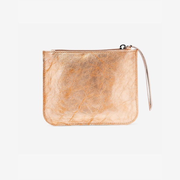 Peach gold purse Leather pouch Makeup bag Clutch bag Leather Gold cosmetic bag Coin Organizer purse for handbag Slim Medium