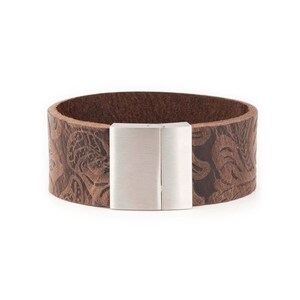 Dark Brown Cowboy Bracelet Floral Embossed Leather Handmade - Cuff Handmade Wristband - For Him - For Guys - Stainless Steel Clasp Magnetic