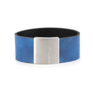Blue Leather Wrist Accessories For Guys Bracelet Handmade - Cuff Handmade Wristband - Boyfriend - For Him - Stainless Steel Clasp Magnetic