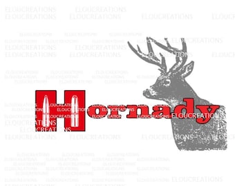 May include: A red and white logo with the word "Hornady" in red text and a stylized image of a deer's head. The logo also features two red bullets.