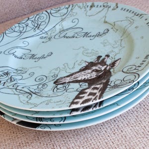 VINTAGE ANTHROPOLOGIE Aqua Blue Animal Plates -  Set of 4 - Penguins Giraffe Gazelle - Antarctic African Savannah - Dessert or Salad - 8&quot;