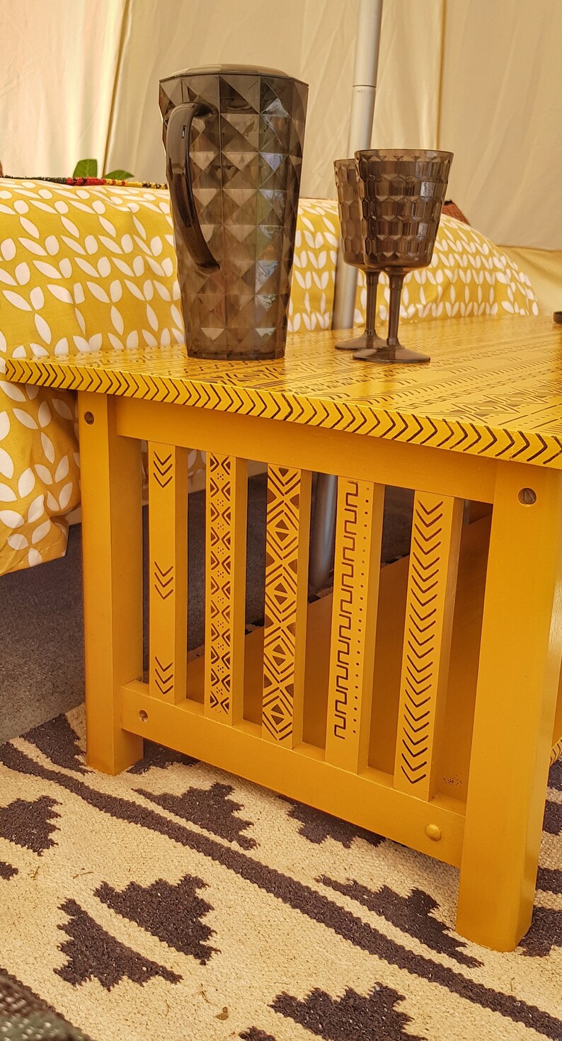 Oak Wood Coffee Table Hand Painted Mustard Yellow With Tribal Stencil