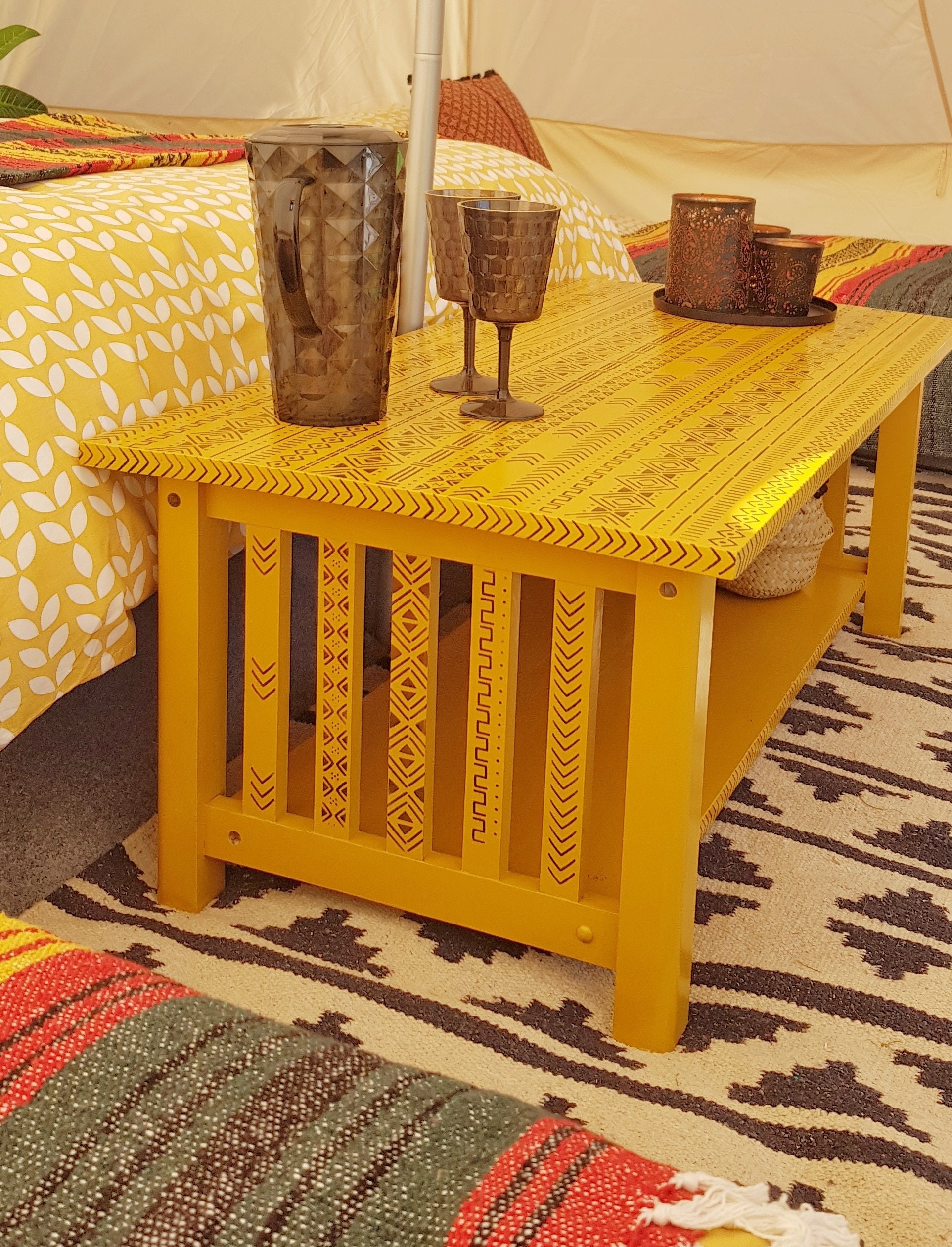 Oak Wood Coffee Table Hand Painted Mustard Yellow With Tribal - Etsy