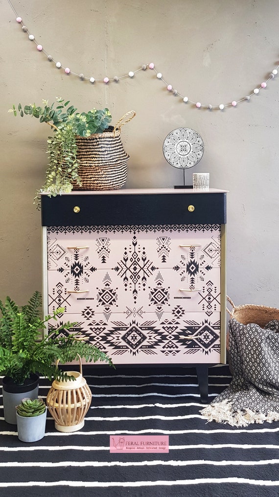 Available to Commission - Pink Drawers - Pink Dresser - Mid Century Modern  - Retro - Black Chest of Drawers - Hand Painted - Etsy