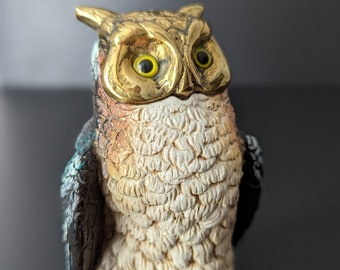Small ceramic owl figurine with a gold plated head, collectible vintage owl statue, white and blue patina owl collectible gift, 9.5 cm