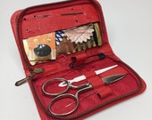 Vintage small travel sewing set, red leather etui with sewing utensils, red emergency sewing kit with zipper, midcentury sewing case