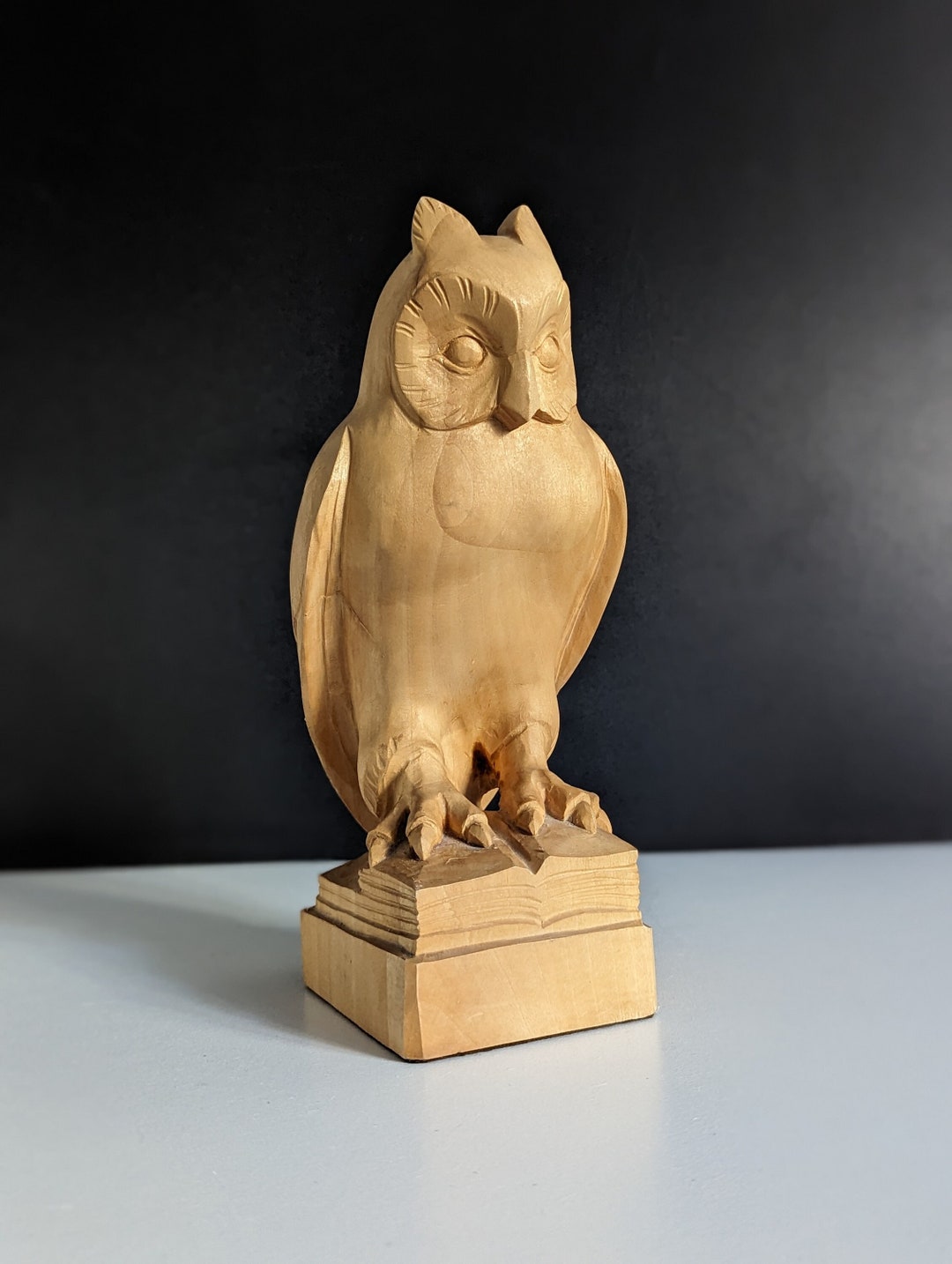 Large Wooden Owl Statue, Handcarved German Collectible Owl Carving