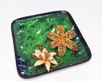 MCM enameled tray, studio art copper ring dish, small German enameled key holder, 1970s emerald green jewelry display