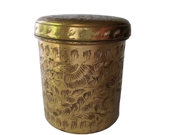 Decorative brass lidded dose | hand made and heavily ornamented with floral details | vintage India