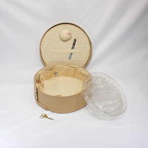 SHAKER Large Sewing Basket 15x6&quot; Round, Cheese Box Upcycle, Almond Chalk Paint, Stenciled, Handmade Lining, 8 Pockets, Tray, Pincushion