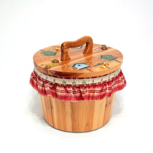 Charming Birds & Bees Sewing Basket Box Bucket Upcycle Wooden Hand Painted, Red Plaid Lining, Miniature Bees, Gift for Needleworker, Quilter image 10