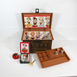 Sewing Basket Vintage Restyled Max Klein Faux Wood Box 12x8x7&quot;, Organizing Tray, Handmade Lining Loralie Harris Designer Fabric, Accessories