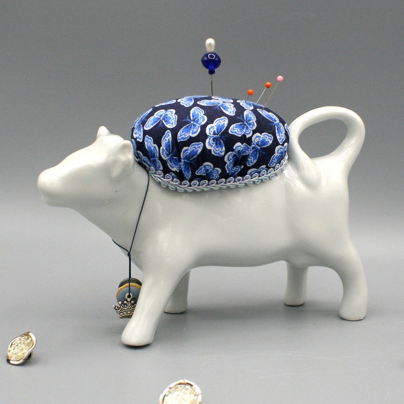 Crafter Gift Idea Blue Butterfly Fabric Home Decor Sewing Collectible Sewist Needleworker Quilter Cow Creamer Pincushion Pin Cushion