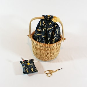 NANTUCKET Style Sewing Basket Box Repurposed Round 6.5x7.5x5&quot; Blue Scissor Designer Fabric Handmade Lining 4 Pockets, Drawstring, Pincushion