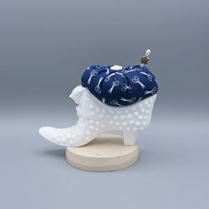 Pincushion Shoe Hobnail Milk Glass Boot with Cat, Blue and White Scissors Cotton Fabric, Center Button, Sewing, Quilting, Collectible, Gift