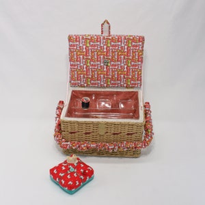 Sewing Basket Box Vintage Completely Restored 11x8x8" Handmade Lining, Organizing Tray, Pincushion, Gift for Needleworker Dog Lover Crafter