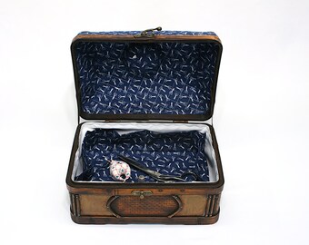 Large Sewing Treasure Chest Basket Box Upcycled Vintage Style 13x8.5x9", Handmade Lining Blue Designer Fabric, 6 Pockets, Pincushion, Gift