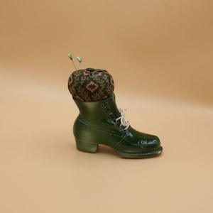 Shoe Pincushion Boot Pin Cushion, Upcycled Green Ceramic, Retro Print Cotton Fabric, Green Button, Decorative Sewing Collectible, Gift Idea