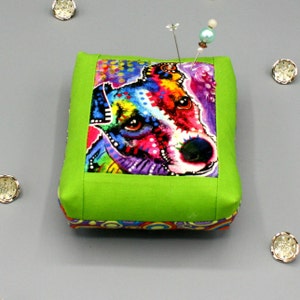Dog Pincushion Beaded Modern Pop Art Puppy Pin Cushion 4x4.5x2&quot; Colorful Warhol Style, Sewing Buddy Dog Person Collector Quilter Sewing Gift