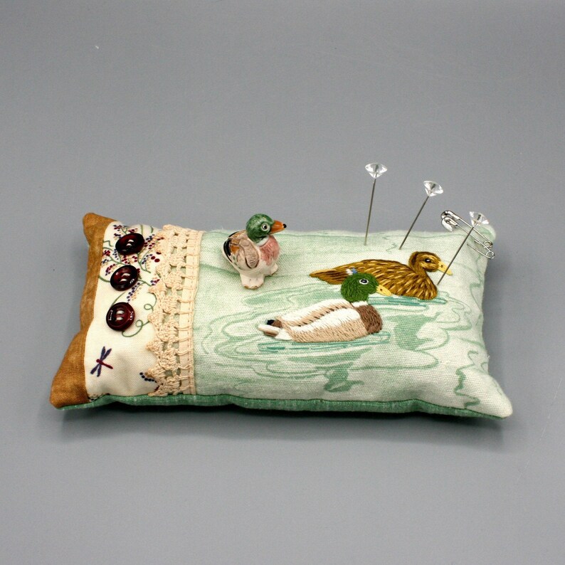 Swimming Ducks Mallard Duck Gift for Her Sewist Sewing Collectible Pincushion Pin Cushion Hand Embroidered Pinkeep 7x4x2.5 Quilter