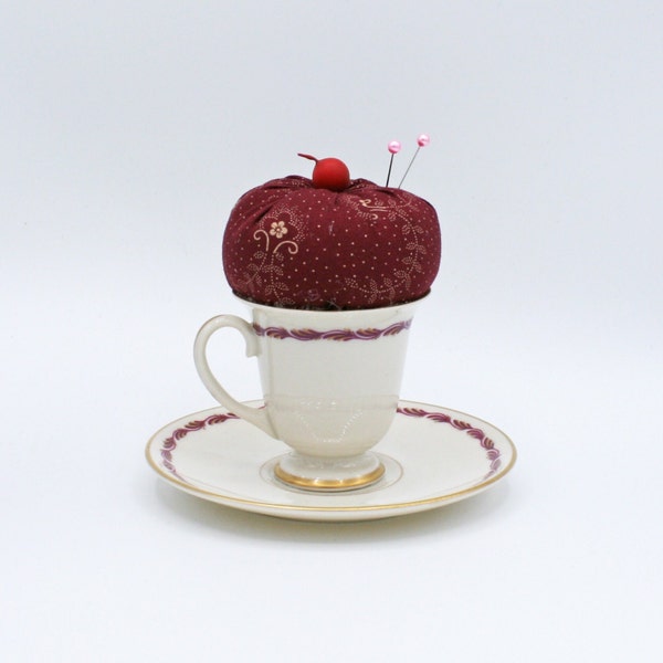 Teacup Pincushion 5x4.5" Upcycled Franciscan China Demitasse Teacup & Saucer, Deep Red Cotton Fabric, Cherry on Top, Collectible, Gift