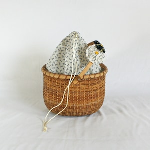 NANTUCKET STYLE Sewing Basket Box Repurposed Oval 7.75x8.5x6&quot; Blue & White Scissor Fabric Handmade Lining, 4 Pockets, Drawstring, Pincushion