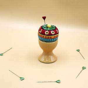 Egg Cup PINCUSHION Repurposed Pin Cushion 2x4&quot; Stripe Cotton Fabric Farmhouse, Sewing Collectible, Quilter, Needlework, Crafter, Only 4 Left