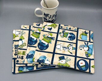 Mug Rug Set of 2 Snack Mat, Reversible, 9x8", Handmade, Blue Green Beige Snowmen, Cotton Fabrics, Quilted, Insulated Lining, Great Gift Idea