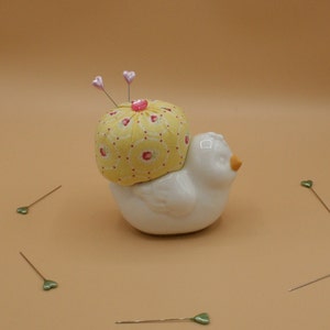 Chick Pincushion Baby Bird Pin Cushion 4x3x4, Repurposed White Ceramic Body, Designer Cotton Fabric, Sewing Collectible, Bird Lover