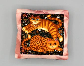 LAST ONE! Cat/Kitten Pincushion Handmade Beaded 5x5x2" Designer Fabric Stripes & Spots, Quilter Cat Person Sewing Buddy, Business Closing #9