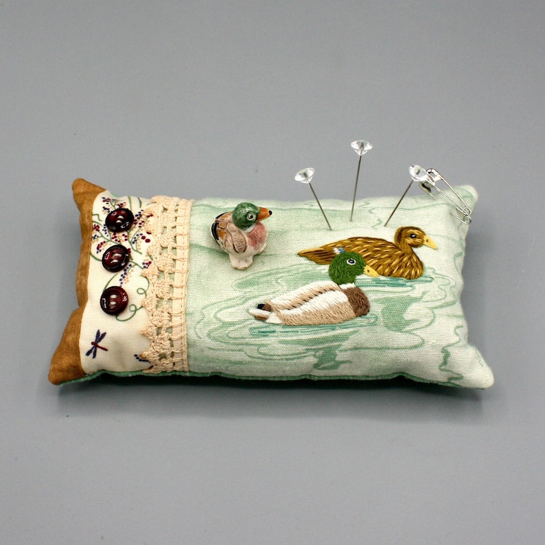 Swimming Ducks Mallard Duck Gift for Her Sewist Sewing Collectible Pincushion Pin Cushion Hand Embroidered Pinkeep 7x4x2.5 Quilter