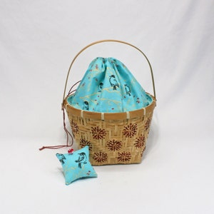 Sewing Basket Needlework Quilting Large 11x11x7.5&quot; Handmade Lining, Beautiful Blue Birds Fabric, Drawstring Closure, Matching Pincushion