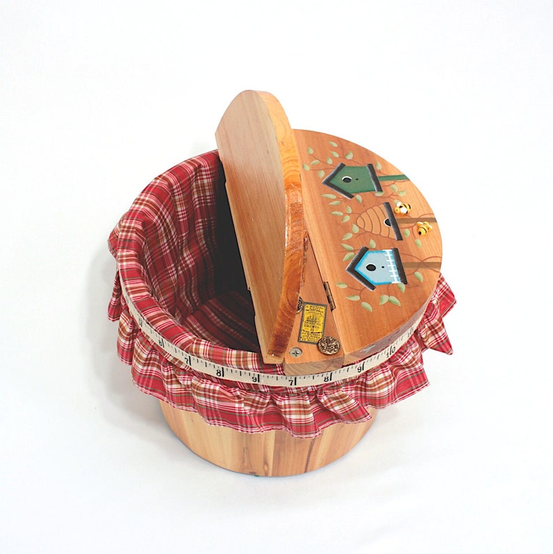 Charming Birds & Bees Sewing Basket Box Bucket Upcycle Wooden Hand Painted, Red Plaid Lining, Miniature Bees, Gift for Needleworker, Quilter image 1