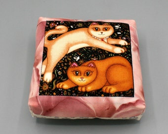 CAT LOVERS Cat/Kitten Pincushion, Handmade, Beaded, 5x5x2", Two Cats Cotton Fabric, Quilting, Cat Person, Sewing Buddy, Business Closing, #7