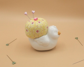 LAST ONE! Chick Bird Pincushion 4x3x4, Repurposed White Ceramic Body, Designer Fabric, Sewing Collectible, Bird Lover, Business Closing