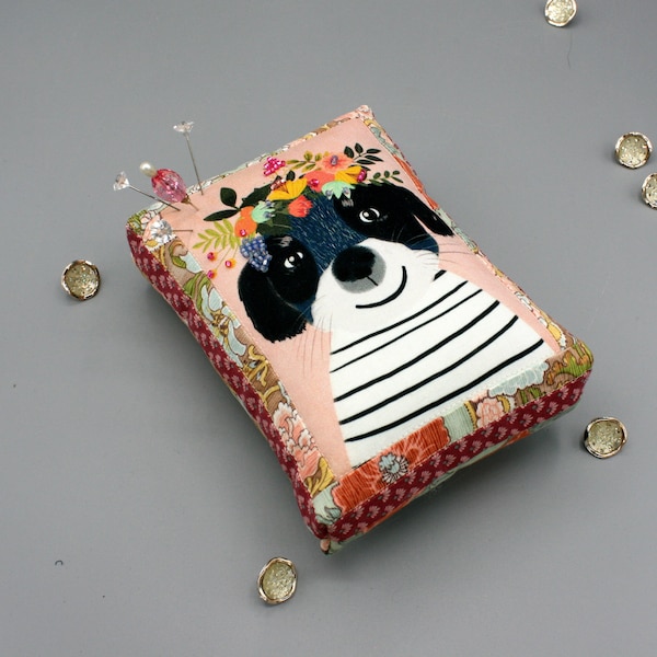 Dog Pincushion Black & White Puppy Pin Cushion Pinkeep 5x6.5x2.5 Floral Pets Fabric, Beaded, Dog Person, Quilting Sewing Buddy, Sewist, Gift