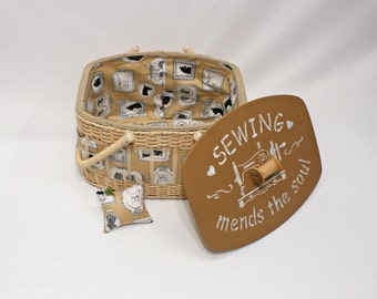 Sewing Mends the Soul Dog Lover Large Sewing Knitting Yarn Basket Box Vintage Restored 13x10x8" New Lining & Pincushion, Stenciled Cover