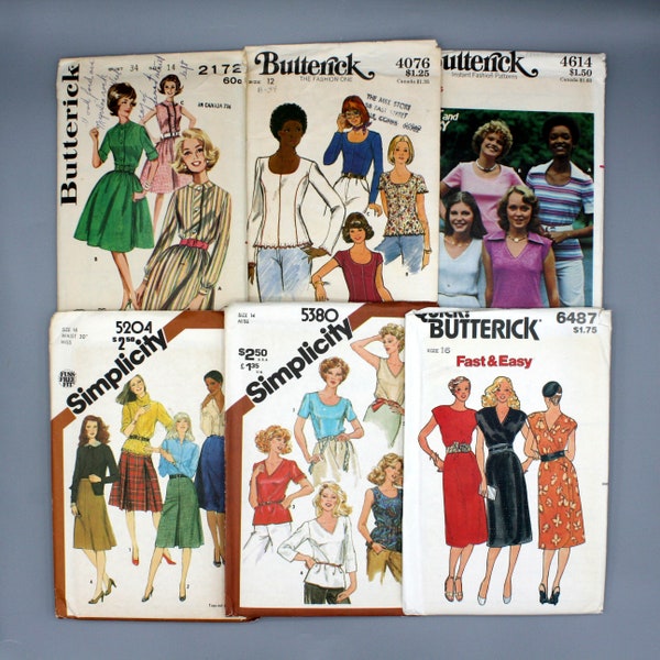 Vintage Pattern Bundle of 6 Sewing Patterns, Butterick Simplicity,  Vintage Dresses, Knit Tops, Skirt. Most are unused uncut factory folded