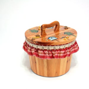 Charming Birds & Bees Sewing Basket Box Bucket Upcycle Wooden Hand Painted, Red Plaid Lining, Miniature Bees, Gift for Needleworker, Quilter image 2